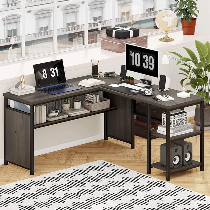 FATORRI L Shaped Desk Industrial Reversible Home Office Computer Desk with Wood Shelves Corner Desks with Metal Legs (Walnut Brown 59 Inch)