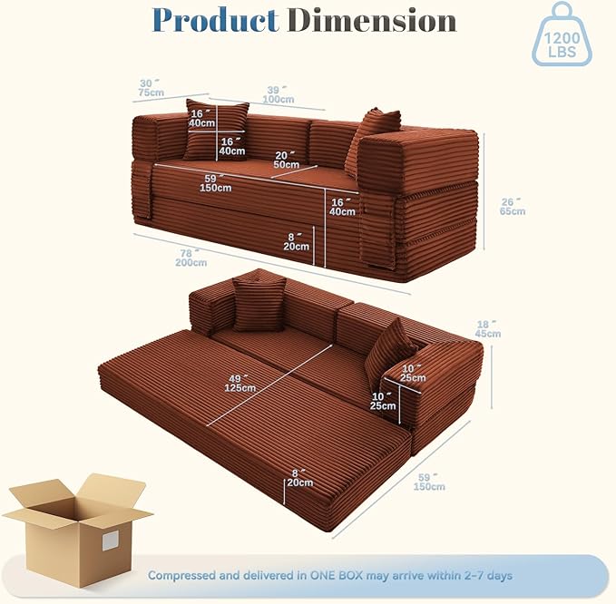 Convertible Sofa Bed5-in-1FoldIing Couch Bed with Removable ArmrestsModular Futon Sleeper Sofa in Box with Pull Out BedsCompression Boneless Couch for Living RoomOrange