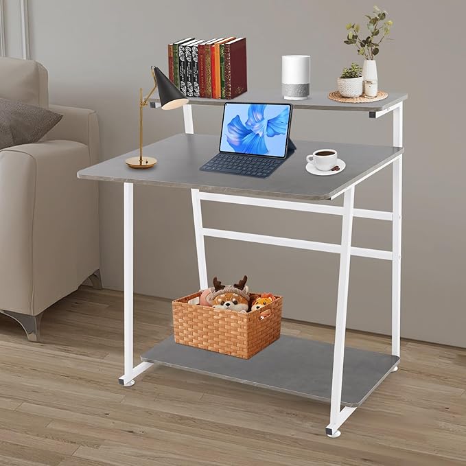 Home Office Desk3 Tier Rolling Computer Desk36inch Modern Home Desk Computer Desk Writing Table with Under Desk Storage Shelves for Home Office Study Bedroom (White+Grey)