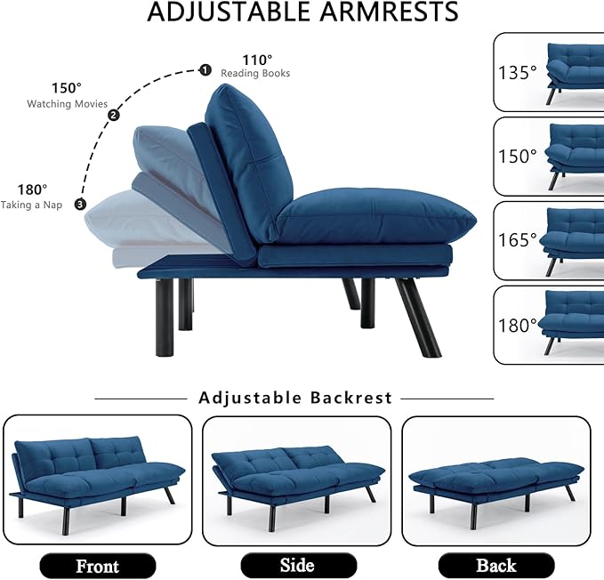 KINFFICT Convertible Futon Sofa Couch Bed Modern Memory Foam Sleeper Loveseat Sofa with Adjustable Armrests &amp Backrests Comfy Love Seat for Living Room Bedroom Office Apartment Small Space
