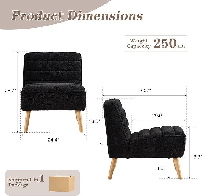 Mlmh &amp Kngwa 24.4 W Mid Century Modern Accent Chair Armless Accent Chairs Comfy Upholstered Reading Chairs Chenille Vanity Chair for Living Room Bedroom Black