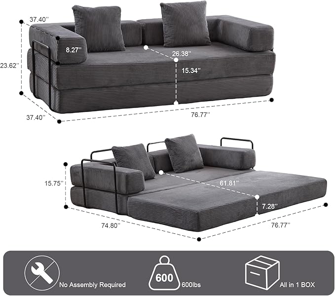 Convertible Sleeper Sofa Bed Compression Folding Sofa with Pillow No Assembly Required Shape Frame Floor Sofas Lounge Couch for Living Room Bedroom Small Spaces(Corduroy 77''W Dark Grey)