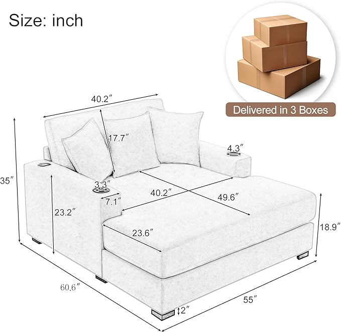 55 Oversized Chaise Lounger Modern Style Sofa Couch with Pillows Charge Station &amp Cup Holders Chenille Fabric Blue Gray