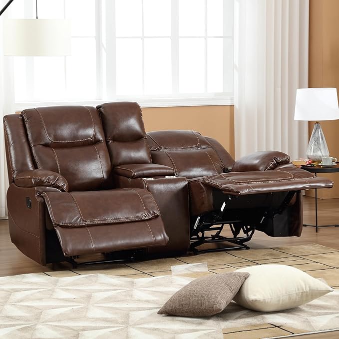 EBELLO Genuine Leather Manual Loveseat Recliner Reclining Sofa Chair with Cup Holder Hidden Storage Couch Set for Living Room Bedroom FurnitureMeeting Room Brown (Loveseat)