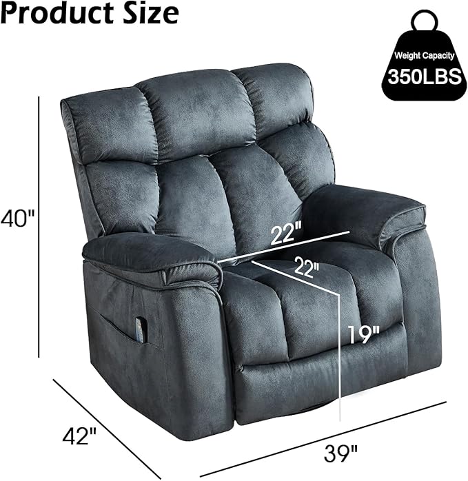 INZOY Oversized Rocker Recliner with Heat and Vibration Manual Swivel Rocking Recliner Chair with Vibrating Massage Comfy Padded Overstuffed Soft Fabric Heated Recliner Grey