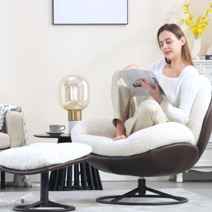 Swivel Sherpa Accent Chair with Ottoman Mid Century Modern Lounge Chair with Footrest Comfy Reading Chair with 360 Degree Metal Base for Small Space/Living Room/Bedroom White Fur