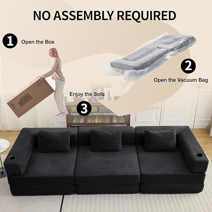 118 Oversized Sectional Couches Convertible Floor Sofa Bed with Cup Holder Boneless Foldable Mattress Cloud Couch with Pillow Back &amp Armrest for Living Room Bedroom Lounge(Corduroy Black)