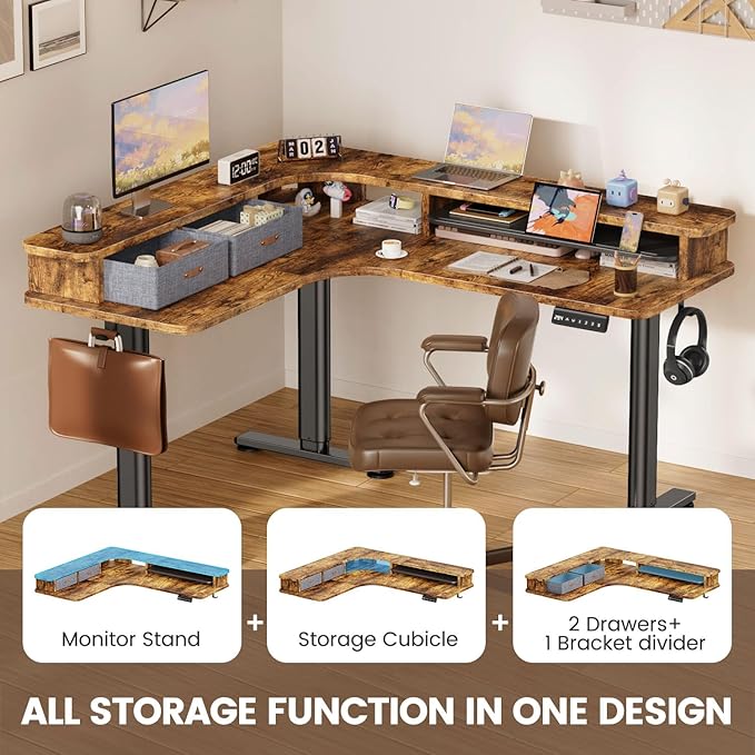 Flycity Electric L Shaped Standing Desk with Drawers 63 x 55 Corner Standing Desk Adjustable Height Stand Up Home Office Desk Dual Motor Sit Stand Desk with 3 Memory Preset &amp Lock Brown