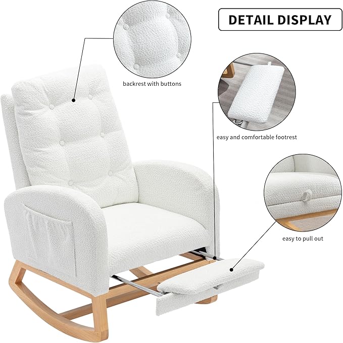 Modern Nursery Rocking Chair with Footrest High-Back Reading Chair Versatile Accent Lounge Chair with Storage Pocket Upholstered Glider for Bedroom Living Room