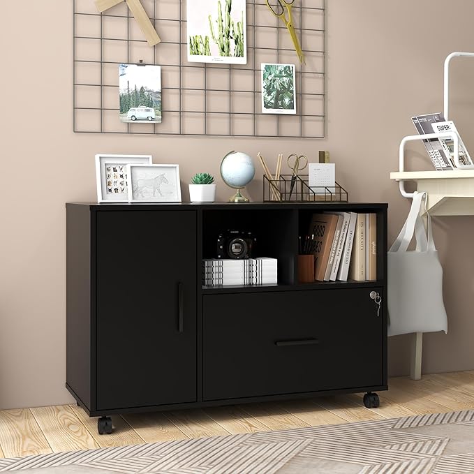 Panana Wood File Cabinet with Lock 1-Drawer Wooden Office Lateral Filing Cabinet on Wheels Mobile Printer Stand with Open Storage Shelf for Letter/Legal/A4 Size Files (Black1)