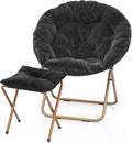 MoNiBloom Round Folding Faux Fur Saucer Chair for Bedroom Living Room Dorm Foldable Metal Frame Oversized Large Comfy Furry Padded Soft Cozy Moon Chair with Footrest Ottoman for Adults (Black)