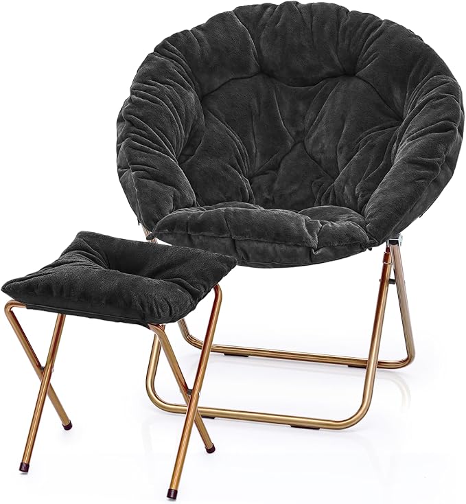 MoNiBloom Round Folding Faux Fur Saucer Chair for Bedroom Living Room Dorm Foldable Metal Frame Oversized Large Comfy Furry Padded Soft Cozy Moon Chair with Footrest Ottoman for Adults (Black)