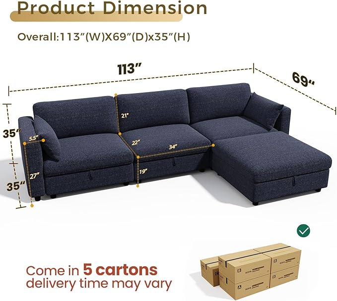 KKL Sofa Couches for Living Room - 113 L Shaped Modular Sectional Sofa with Adjustable Backrest Oversize Couch Down Filled Sectional Sofa with Storage Ottoman Chenille Blue