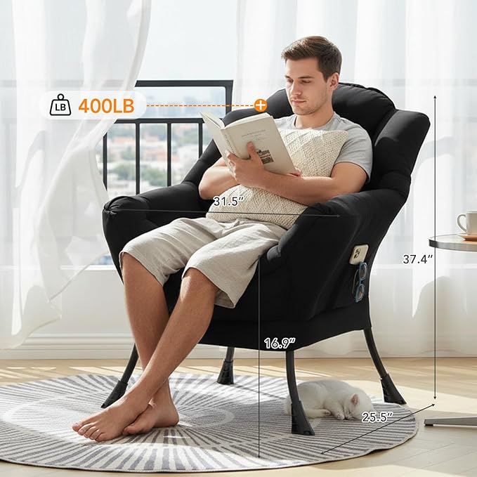 Lazy Chair for Living Room Large Black Accent Chair with a Throw Pillow Leisure Sofa Chair Set Comfy Reading Chair for Bedroom Dorm Room Office