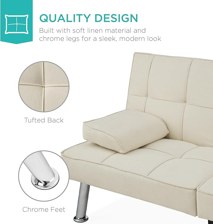 Best Choice Products Linen Modern Folding Futon Reclining Sofa Bed for Apartment Dorm w/Removable Armrests 2 Cupholders - Ivory