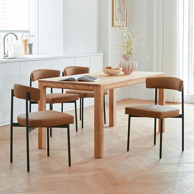Brown Faux Leather Dining Chairs Set of 4 Armless Upholstered Kitchen ChairModern Dining Room Chair with Curved Backrest