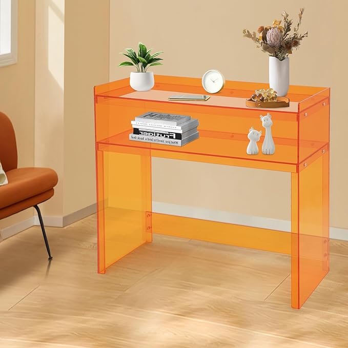 Acrylic Console Table 39.4×11.8×31.5in Laptop Workstation Study Table Modern Home Office Acrylic Console Desk for Living Room Office Entryway Hallway (Orange)
