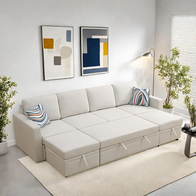FONTOI 102 Inch L Shaped Sectional Couch with Pull Out Bed 6-Seat Sleeper Sofa with Storage Ottoman Convertible Sofa Bed for Living Room Apartment Off White