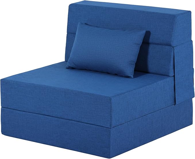 Folding Sofa Bed Foldable Sleeper Chair with Pillow Convertible Fold Out Chair Bed with Washable Cover Foldable Mattress for Living Room Bedroom Guest Room Single Size Blue