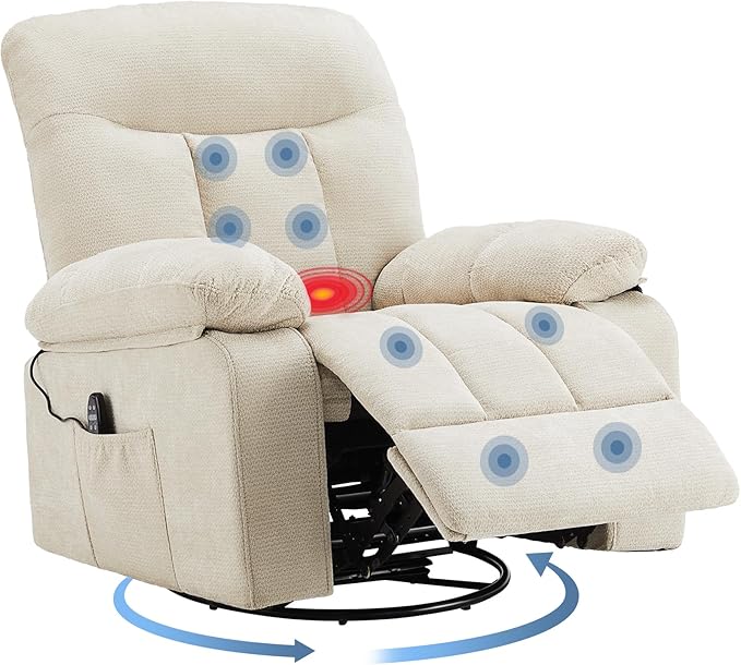DUMOS Rocker Recliner Chair Swivel Recliner with Vibration Massage &amp Lumbar Heating 270° Rotating Chenille Fabric Recliner with footrest for Living Room &amp Bedroom Beige