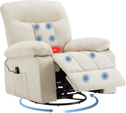 DUMOS Rocker Recliner Chair Swivel Recliner with Vibration Massage &amp Lumbar Heating 270° Rotating Chenille Fabric Recliner with footrest for Living Room &amp Bedroom Beige