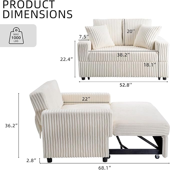 3 in 1 Convertible Sofa Bed52.8 Pull Out Couch with 2 Pillows and Side PocketsModern Corduroy Fabric Sleeper Loveseat with Adjustable Backrest for Living Room Bedroom Apartment (Beige Corduroy)