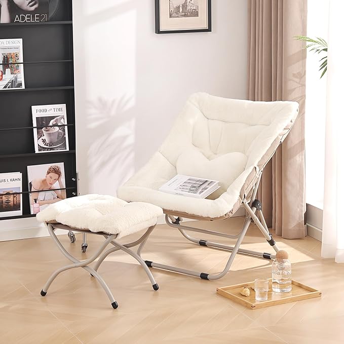 Saucer Chair with Ottoman Comfy Oversized Folding Chair Faux-Fur Reading Chair for Adults Foldable Accent Lazy Chair Metal Frame Chair for Living Room Bedroom Beige