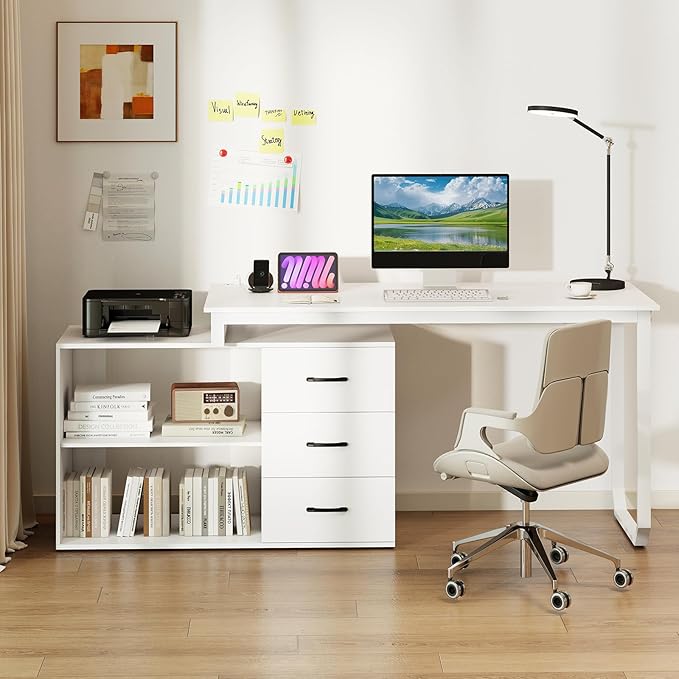 GOFLAME Reversible L Shaped Computer Desk with Charging Station 55” Home Office Desk with 3 Drawers 3-Level Adjustable Shelf Convertible Study Writing Desk for Small Space White