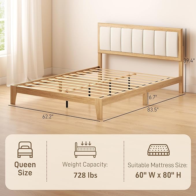 HOMCOM Queen Size Bed Frame with Upholstered Headboard Platform Bed Frame with Wooden Slats No Box Spring Needed Easy Assembly Natural