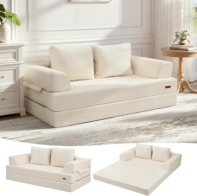 COMAX Convertible Sofa Bed Folding Floor Couch Corduroy Fold Out Couch Bed Futon Sleeper Mattress with Pillows Boneless Sofa Comfy Lounge Loveseat for Living Room Bedroom Beige