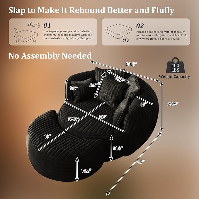 50 Oversized Chaise Lounge Indoor Round Reading Chair Lounge Chair with Ottoman Boneless Sofa Bed Large Fluffy Plush Corduroy Chaise Chair for Living Room Playroom Bedroom Black