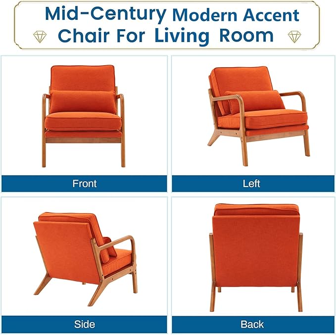 Accent Chair for Living Room Mid-Century Modern Upholstered Armchair with PillowReading Arm ChairComfy Accent Chair for Bedroom