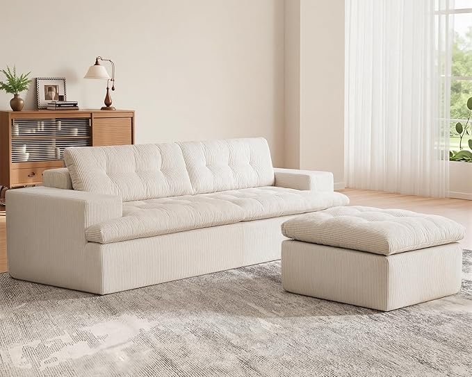 Cloud Sectional Boneless Sofa with Ottoman Modular L Shaped Couch with Layered Cushion Fluffy Comfy Couches for Living Room No Assembly Beige