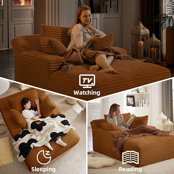 Oversized Chaise Lounge Chair Indoor Bedroom Comfy Corduroy Upholstered Sofa Chair Deep Seat Single Sofa Couch No Assembly Required Sleeper Chair Sofa for Living Room (Orange)