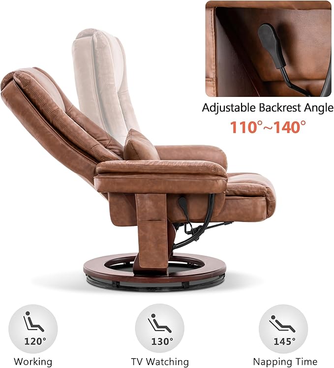 MCombo Swivel Recliner with Ottoman Chair TV Chair Sets with Vibration Massage for Small Space Living Room Bedroom 9096 9099 (Faux Leather Saddle)