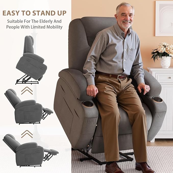 Flamaker Power Lift Chair Massage Recliner Chairs for Elderly - Ergonomic Design with Cup Holders &amp Side Pockets Remote Control (Gray)