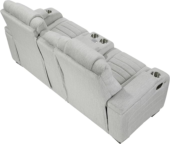 Lexicon Wall Hugger Manual Double Reclining Loveseat with Console Microfiber Home Theater Seating with Cup Holders/Hidden Arm Storage/Wireless Speakers/LED Base Lighting for Living Room Light Gray