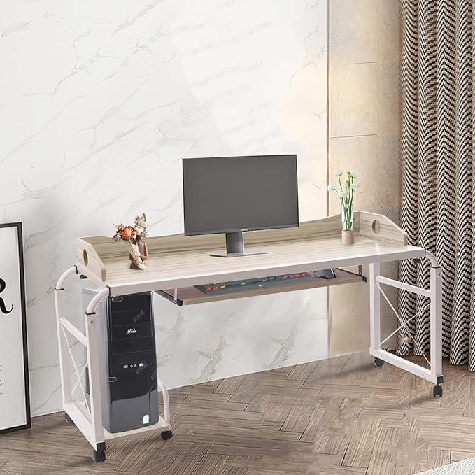 83 in-Lenght Height Adjustable Standing Desk Rolling Laptop Computer Desk with Wheels Storage Cabinets Mobile Computer Table Bed Desk Rising Table Writing Work Station for Home Office Study