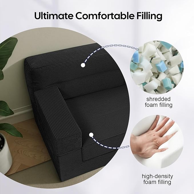 MeMoreCool Boneless Couch Convertible Sofa Bed Queen Corduroy Futon Couch Sleeper Sofa Boneless Loveseat Pull Out Couch Bed Fold Out Floor Sofa for Living Room Bedroom Apartment Black