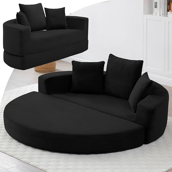 67” Foldable Couch Bed Corduroy Round Floor Couch with 3 Comfy Pillows 2 in 1 Convertible Sofa Bed for Living Room Apartment 380 LBS Capacity No Assembly (Black)