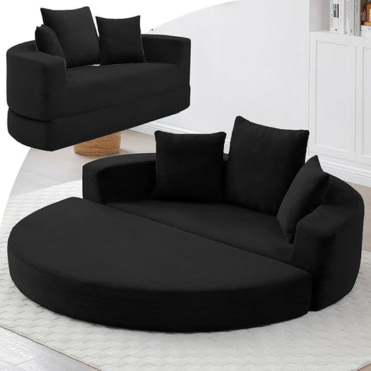 67” Foldable Couch Bed Corduroy Round Floor Couch with 3 Comfy Pillows 2 in 1 Convertible Sofa Bed for Living Room Apartment 380 LBS Capacity No Assembly (Black)