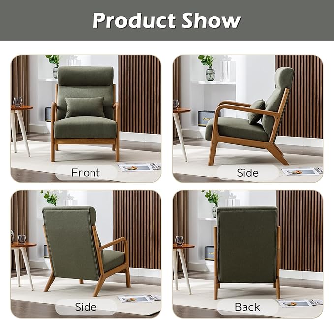 INZOY Mid Century Modern Accent Chair with High Back Upholstered Living Room Chairs with Waist Cushion Wood Frame Reading Armchair for Bedroom Sunroom Green