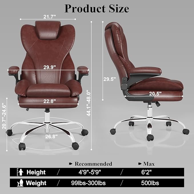 Office Desk Chair Executive Leather Office Chair High Back Ergonomic Home Desk Chair with Padded Flip-up Arms Big and Tall Computer Chair with Rocking Function 360°Swivel Free Brown