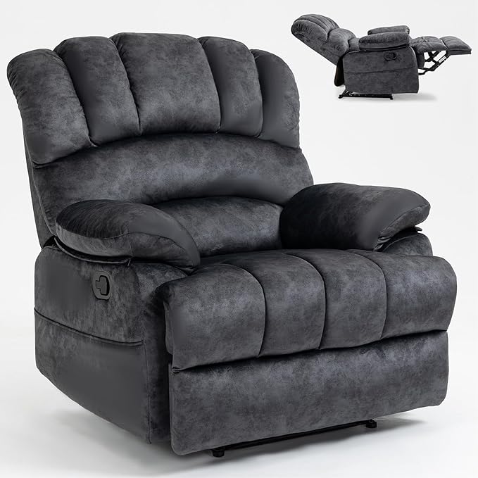 Manual Recliner Chair with Adjustable Recline for Living Room Oversized Lazyboy Recliner Chairs with Overstuffed Arm &amp Back Comfy Soft Fabric Lounge Single Sofa for Adults (Grey)