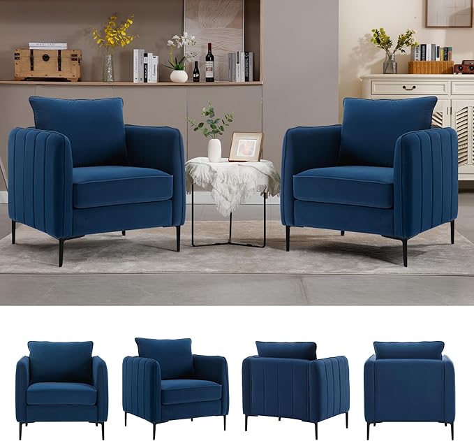 Blue Velvet Accent Chairs Set of 2 Modern Upholstered Accent Chair Comfy Velvet Armchair with Thick Cushion and Wood Frame Single Sofa/Side Chair for LivingRoom Bedroom Nursery Office