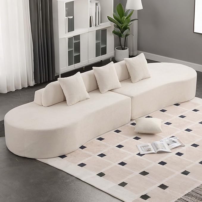 130.5” Oversized Curved Sectional Sofa Modern Cloud Curved Couch Boneless Compression Sofa with 3 Pillows for Living Room Apartment Office No Assembly Required Terrycloth Fabric Beige