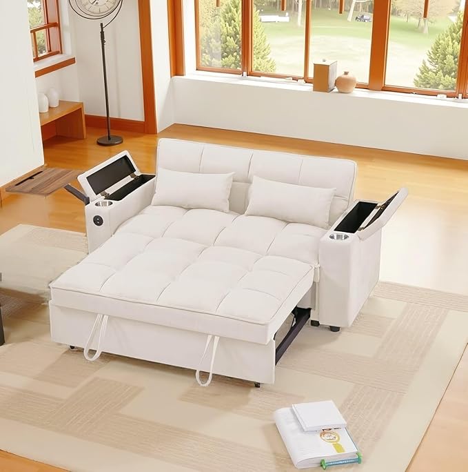 65''Convertible Sleeper Sofa Bed3-in-1 Pull Out Couch Bed with 360 Degree rotatable Side Table and USB Ports for Living RoomRV (07beige)