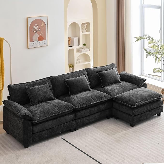 120 Modular Sectional Sofa Comfy Cloud Couch Sectional Sofa with Ottoman Chenille Sofa Sleeper Deep Seat Sofa with Throw Pillows for Living Room (Black 120- L Shape)