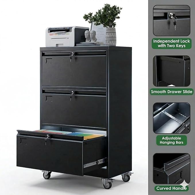 Aobabo 3 Drawer Lateral File Cabinet with Wheels Lockable Metal Filing Cabinet for Home Office Legal/Letter SizeBlackRequired Assembled15.87 D x 28.94 W x47.63 H