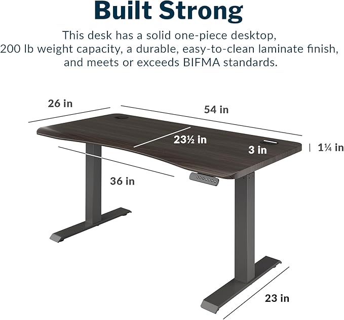 Vari Ergo 54x26 Electric Standing Desk – Height Adjustable Sit Stand VariDesk + Curved Waterfall Edge 4 Memory Settings Quick Assembly Cable Management 200 lb Capacity – Espresso (2 Boxes)